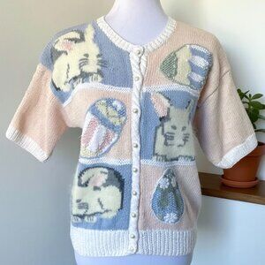 Vintage Pastel Bunny Hand Knit Button Up Sweater Cardigan Easter Medium